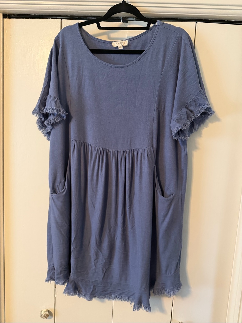 Umgee Dusty Blue Frayed Sleeve Mini Dress